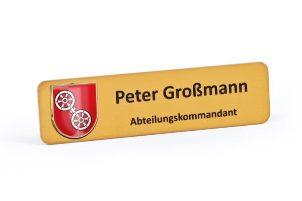 Namensschild aus Metall mit Druck in Metallemblem (Druck nur in dargestellter Wappenform möglich)